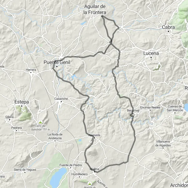 Miniatura della mappa di ispirazione al ciclismo "Strada da Mollina a Benamejí" nella regione di Andalucía, Spain. Generata da Tarmacs.app, pianificatore di rotte ciclistiche
