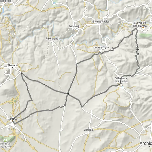 Miniatura della mappa di ispirazione al ciclismo "Giro in bicicletta da Mollina a Villanueva de Algaidas attraverso Cuevas Bajas e Cuevas de San Marcos" nella regione di Andalucía, Spain. Generata da Tarmacs.app, pianificatore di rotte ciclistiche