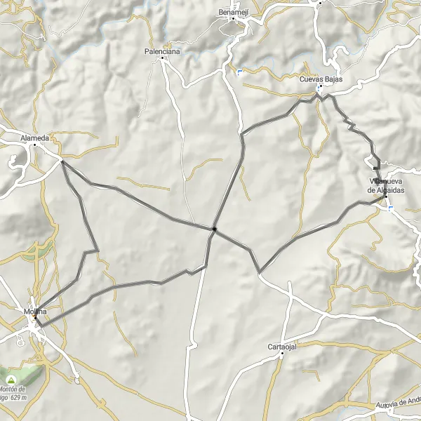 Miniature de la carte de l'inspiration cycliste "Les collines de Mollina" dans la Andalucía, Spain. Générée par le planificateur d'itinéraire cycliste Tarmacs.app