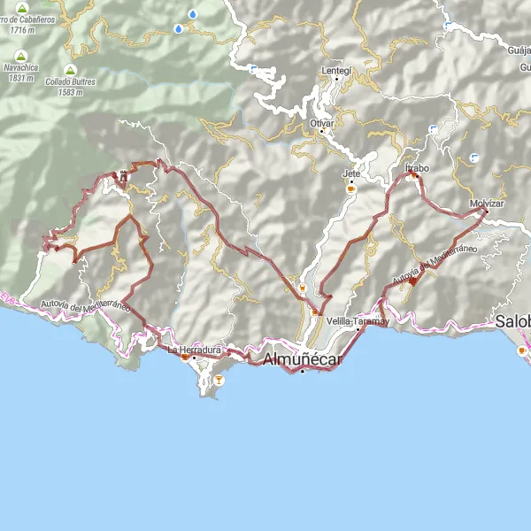 Map miniature of "Gravel Adventure: Molvízar to Cerro de Ítrabo" cycling inspiration in Andalucía, Spain. Generated by Tarmacs.app cycling route planner