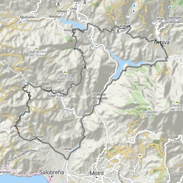 Map miniature of "A Ride through Nature: Molvízar to Lanjarón" cycling inspiration in Andalucía, Spain. Generated by Tarmacs.app cycling route planner