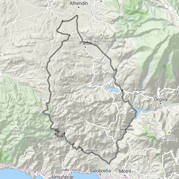 Miniature de la carte de l'inspiration cycliste "Aventure sur les Routes de Vélez de Benaudalla" dans la Andalucía, Spain. Générée par le planificateur d'itinéraire cycliste Tarmacs.app