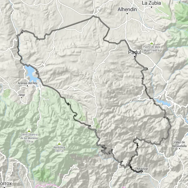 Map miniature of "Molvízar to Ítrabo Loop" cycling inspiration in Andalucía, Spain. Generated by Tarmacs.app cycling route planner