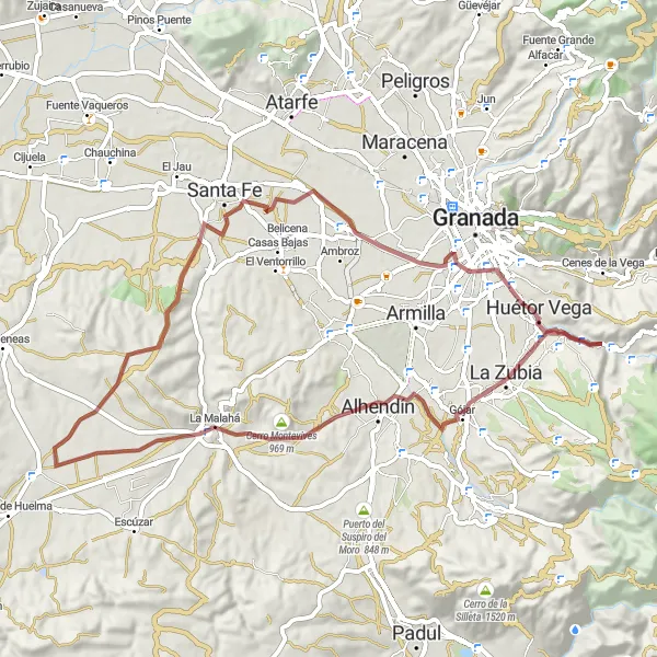 Miniatuurkaart van de fietsinspiratie "Uitdagende gravelroute naar Huétor Vega" in Andalucía, Spain. Gemaakt door de Tarmacs.app fietsrouteplanner