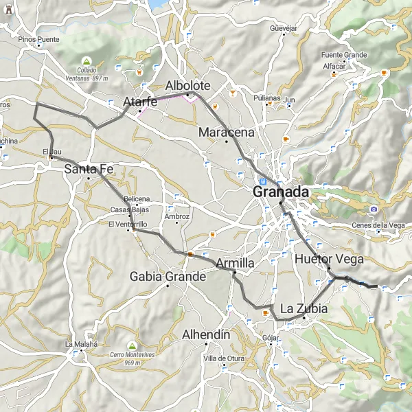 Map miniature of "Road Cycling Route: Monachil to Granada" cycling inspiration in Andalucía, Spain. Generated by Tarmacs.app cycling route planner