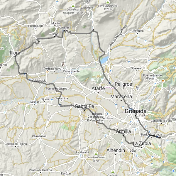 Miniaturní mapa "Cyklotrasa s výhledem na Granadu" inspirace pro cyklisty v oblasti Andalucía, Spain. Vytvořeno pomocí plánovače tras Tarmacs.app