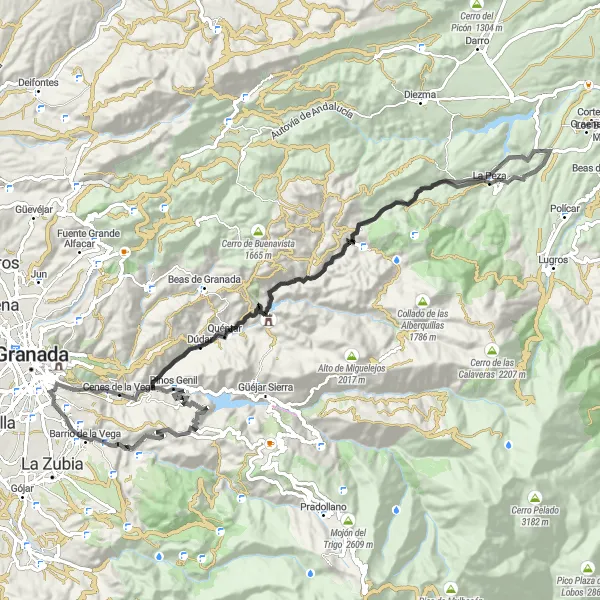 Miniatura della mappa di ispirazione al ciclismo "Giro in bicicletta attraverso Monachil" nella regione di Andalucía, Spain. Generata da Tarmacs.app, pianificatore di rotte ciclistiche