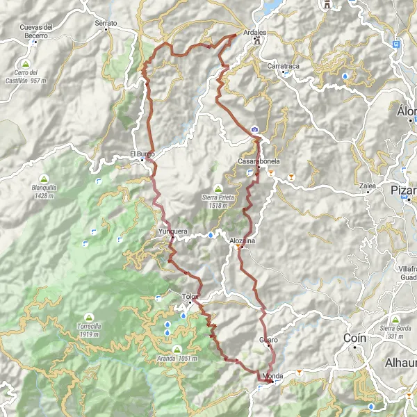 Miniatuurkaart van de fietsinspiratie "Epische gravelroute van Monda naar Guaro via Yunquera en El Burgo" in Andalucía, Spain. Gemaakt door de Tarmacs.app fietsrouteplanner