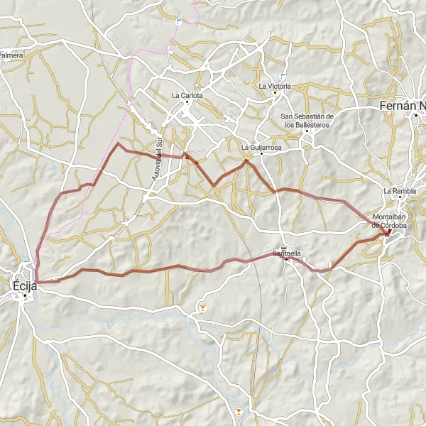 Miniatua del mapa de inspiración ciclista "Ruta de Santaella a Montalbán de Córdoba" en Andalucía, Spain. Generado por Tarmacs.app planificador de rutas ciclistas