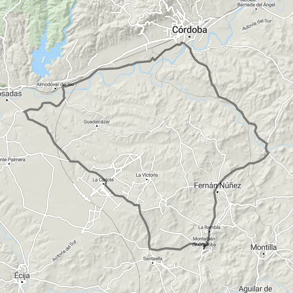 Map miniature of "Jardínes del Alcázar Expedition" cycling inspiration in Andalucía, Spain. Generated by Tarmacs.app cycling route planner