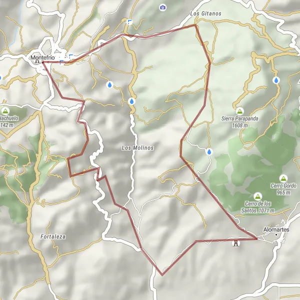 Miniatuurkaart van de fietsinspiratie "Gravelroute naar de Peña de los Gitanos en Alomartes" in Andalucía, Spain. Gemaakt door de Tarmacs.app fietsrouteplanner