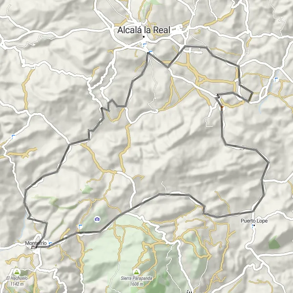 Miniatua del mapa de inspiración ciclista "Recorrido en carretera hasta National Geographic Viewpoint desde Montefrío" en Andalucía, Spain. Generado por Tarmacs.app planificador de rutas ciclistas