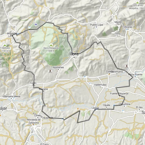 Map miniature of "Challenging Road Cycling in Montefrío" cycling inspiration in Andalucía, Spain. Generated by Tarmacs.app cycling route planner