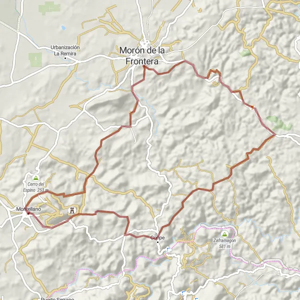 Miniatuurkaart van de fietsinspiratie "Ontdek de Geschiedenis van Morón en Coripe" in Andalucía, Spain. Gemaakt door de Tarmacs.app fietsrouteplanner