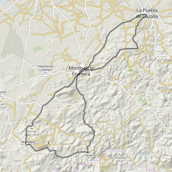 Miniatua del mapa de inspiración ciclista "Desafío en La Puebla de Cazalla desde Montellano" en Andalucía, Spain. Generado por Tarmacs.app planificador de rutas ciclistas