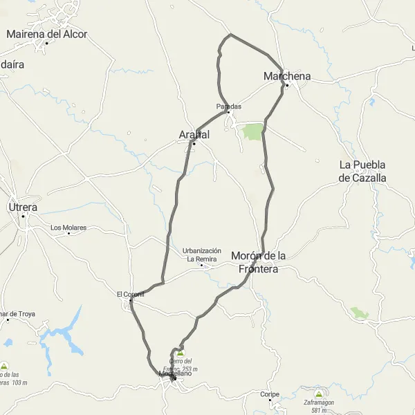 Miniatua del mapa de inspiración ciclista "Cicloturismo en Arahal desde Montellano" en Andalucía, Spain. Generado por Tarmacs.app planificador de rutas ciclistas