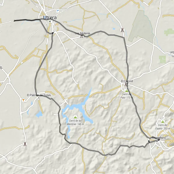 Miniatua del mapa de inspiración ciclista "Exploración en Castillo de Utrera desde Montellano" en Andalucía, Spain. Generado por Tarmacs.app planificador de rutas ciclistas