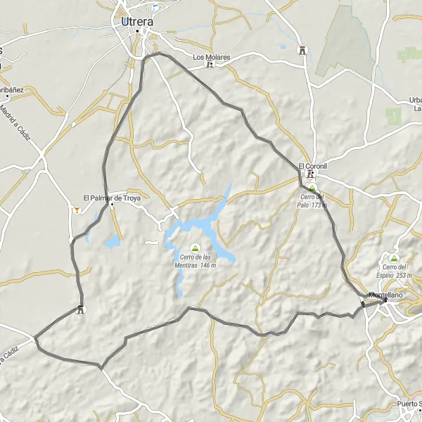 Miniatua del mapa de inspiración ciclista "Ruta a El Palmar de Troya desde Montellano" en Andalucía, Spain. Generado por Tarmacs.app planificador de rutas ciclistas