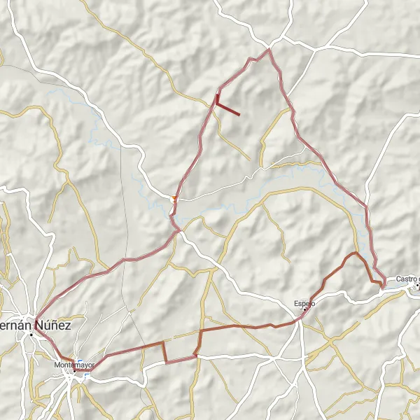 Miniatua del mapa de inspiración ciclista "Desafío Gravel Montemayor" en Andalucía, Spain. Generado por Tarmacs.app planificador de rutas ciclistas