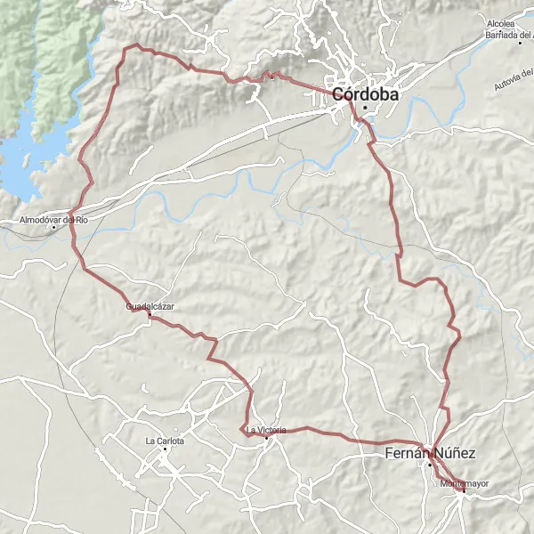 Miniatua del mapa de inspiración ciclista "Desafío Gravel en la Campiña" en Andalucía, Spain. Generado por Tarmacs.app planificador de rutas ciclistas