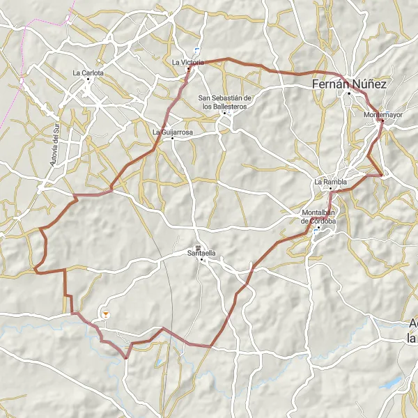 Miniatua del mapa de inspiración ciclista "Ruta Gravel de Montemayor a La Rambla y Fernán Núñez" en Andalucía, Spain. Generado por Tarmacs.app planificador de rutas ciclistas
