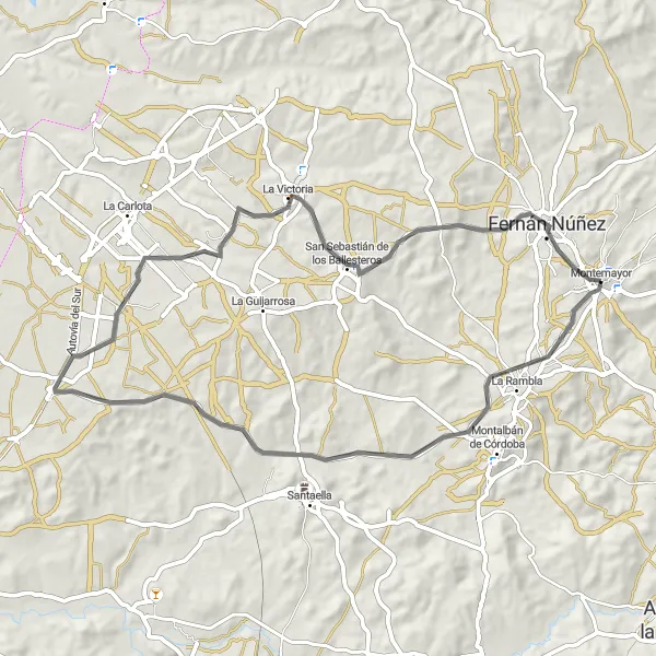 Miniatua del mapa de inspiración ciclista "Ruta Road hacia La Rambla y Fernán Núñez" en Andalucía, Spain. Generado por Tarmacs.app planificador de rutas ciclistas