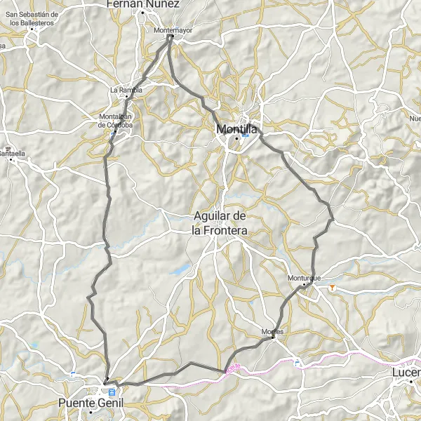 Miniature de la carte de l'inspiration cycliste "La Boucle de Montilla" dans la Andalucía, Spain. Générée par le planificateur d'itinéraire cycliste Tarmacs.app