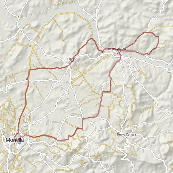 Map miniature of "Montilla to Castro del Río Gravel Ride" cycling inspiration in Andalucía, Spain. Generated by Tarmacs.app cycling route planner