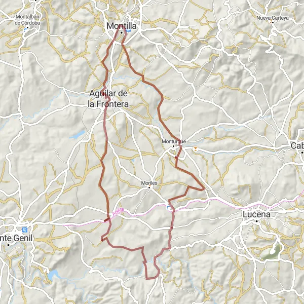 Map miniature of "Montilla and Aguilar de la Frontera Gravel Route" cycling inspiration in Andalucía, Spain. Generated by Tarmacs.app cycling route planner