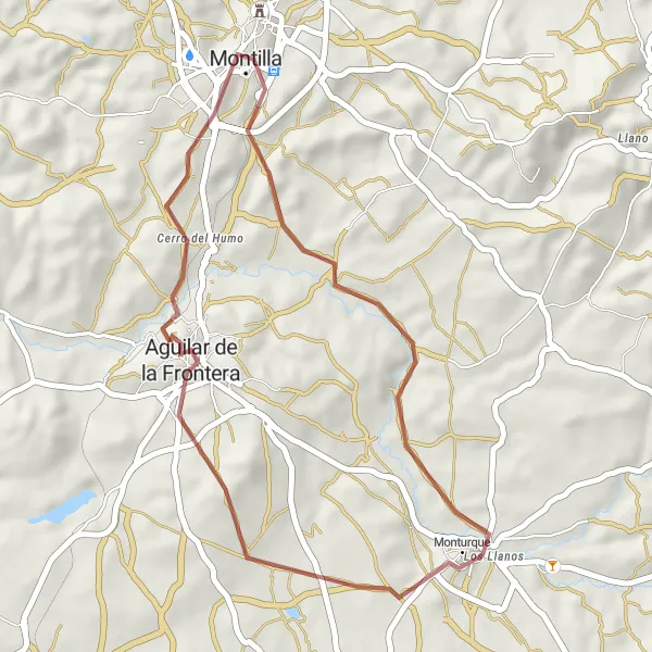 Map miniature of "Gravel Adventure: Monturque and Aguilar de la Frontera" cycling inspiration in Andalucía, Spain. Generated by Tarmacs.app cycling route planner