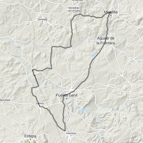 Karten-Miniaturansicht der Radinspiration "Radtour von Montilla nach Montalbán de Córdoba" in Andalucía, Spain. Erstellt vom Tarmacs.app-Routenplaner für Radtouren