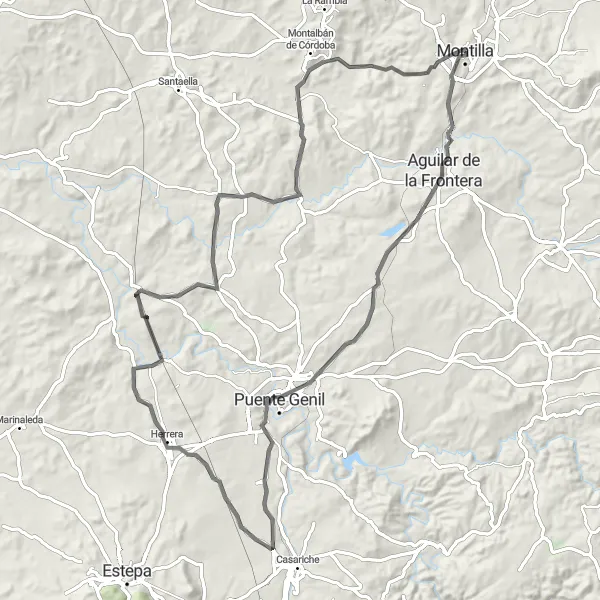 Map miniature of "Aguilar de la Frontera to Montalbán de Córdoba Cycling Adventure" cycling inspiration in Andalucía, Spain. Generated by Tarmacs.app cycling route planner