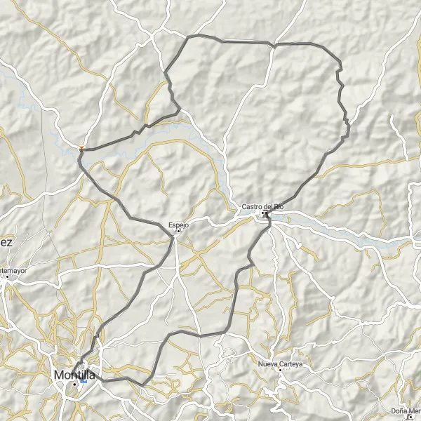 Karten-Miniaturansicht der Radinspiration "Fahrradrundfahrt von Montilla nach Castro del Rio" in Andalucía, Spain. Erstellt vom Tarmacs.app-Routenplaner für Radtouren