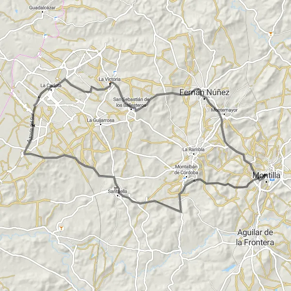 Miniatuurkaart van de fietsinspiratie "Wegroute Montilla-Santaella-La Victoria-Fernán Núñez" in Andalucía, Spain. Gemaakt door de Tarmacs.app fietsrouteplanner