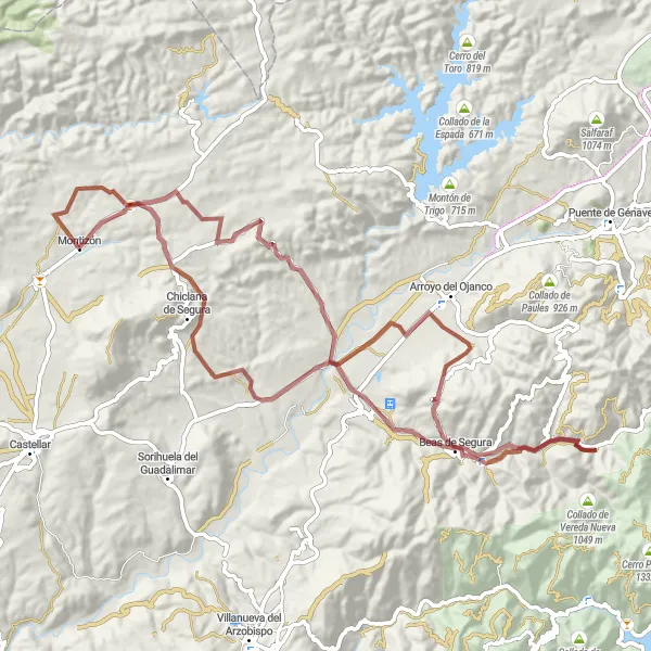 Map miniature of "Lakes and Mountains Gravel Adventure" cycling inspiration in Andalucía, Spain. Generated by Tarmacs.app cycling route planner