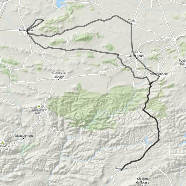 Map miniature of "Discover the Beauty of Montizón and Villamanrique" cycling inspiration in Andalucía, Spain. Generated by Tarmacs.app cycling route planner
