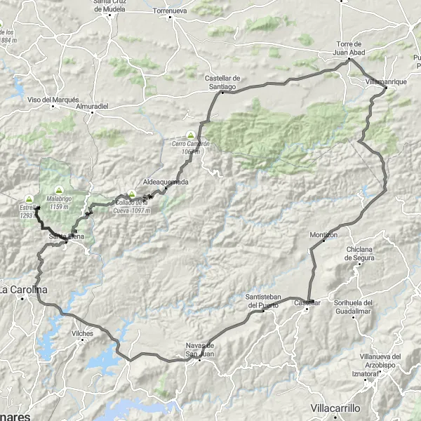 Map miniature of "Mountainous Adventure: Santisteban del Puerto to Venta de los Santos" cycling inspiration in Andalucía, Spain. Generated by Tarmacs.app cycling route planner