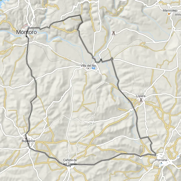Miniatura della mappa di ispirazione al ciclismo "Esplorazione ciclistica a Montoro e Bujalance" nella regione di Andalucía, Spain. Generata da Tarmacs.app, pianificatore di rotte ciclistiche
