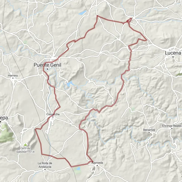 Miniature de la carte de l'inspiration cycliste "Aventure en gravel entre Monturque et Badolatosa" dans la Andalucía, Spain. Générée par le planificateur d'itinéraire cycliste Tarmacs.app
