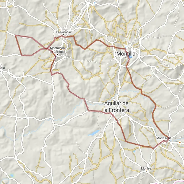 Miniature de la carte de l'inspiration cycliste "Le Circuit de la Sierra de Montilla" dans la Andalucía, Spain. Générée par le planificateur d'itinéraire cycliste Tarmacs.app