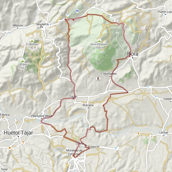 Map miniature of "Gravel Adventure in Moraleda" cycling inspiration in Andalucía, Spain. Generated by Tarmacs.app cycling route planner