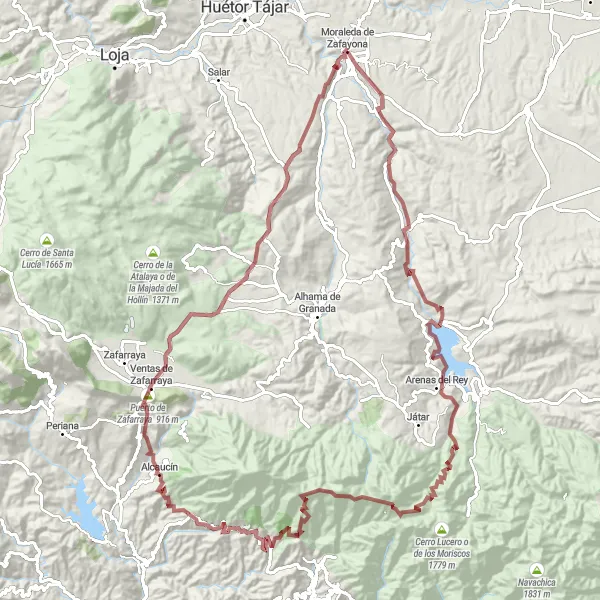Miniatura della mappa di ispirazione al ciclismo "Gravel Route tra Cacín e Puerto de Zafarraya" nella regione di Andalucía, Spain. Generata da Tarmacs.app, pianificatore di rotte ciclistiche