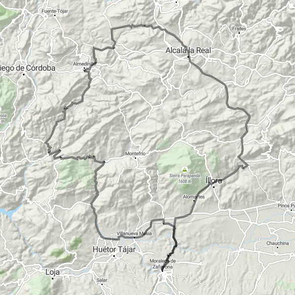 Karten-Miniaturansicht der Radinspiration "Sierra de Andalucía Große Rundfahrt" in Andalucía, Spain. Erstellt vom Tarmacs.app-Routenplaner für Radtouren