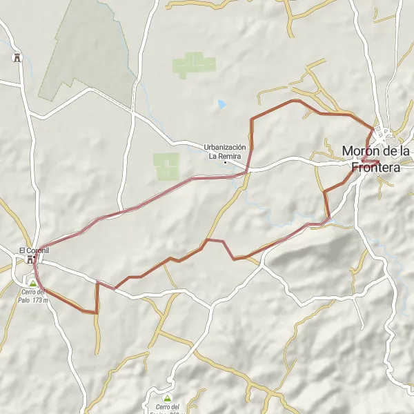 Miniaturní mapa "Gravelová cyklistická trasa kolem Morón de la Frontera" inspirace pro cyklisty v oblasti Andalucía, Spain. Vytvořeno pomocí plánovače tras Tarmacs.app