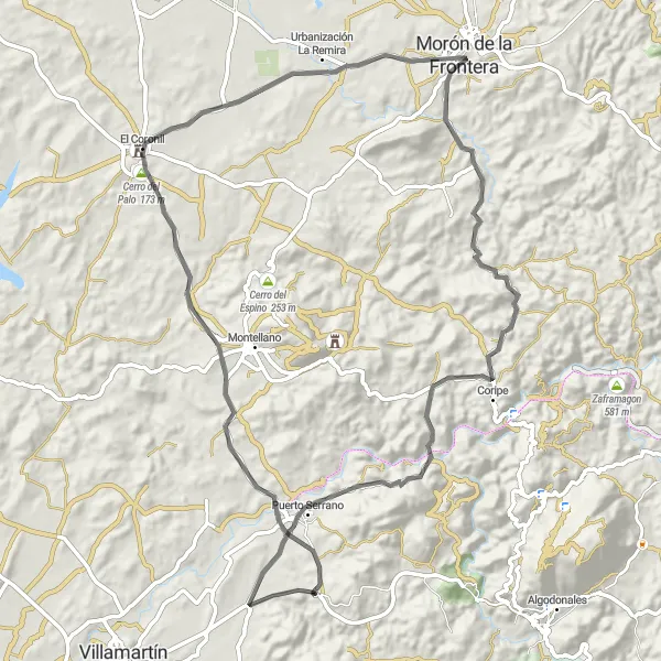 Miniatura mapy "Trasa do Coripe i Puerto Serrano" - trasy rowerowej w Andalucía, Spain. Wygenerowane przez planer tras rowerowych Tarmacs.app