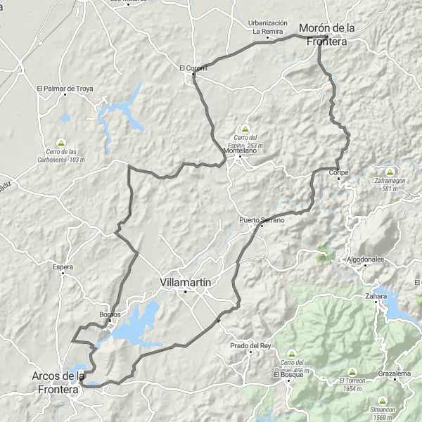Miniatura mapy "Trasa do Coripe i Bornos" - trasy rowerowej w Andalucía, Spain. Wygenerowane przez planer tras rowerowych Tarmacs.app
