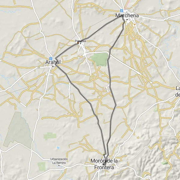 Miniatuurkaart van de fietsinspiratie "Rondje Arahal en Paradas" in Andalucía, Spain. Gemaakt door de Tarmacs.app fietsrouteplanner