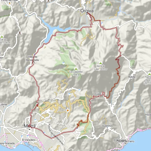 Miniatura della mappa di ispirazione al ciclismo "Esplora le montagne circostanti Motril in gravel bike" nella regione di Andalucía, Spain. Generata da Tarmacs.app, pianificatore di rotte ciclistiche