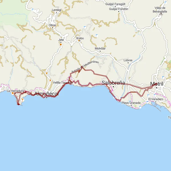 Miniatura della mappa di ispirazione al ciclismo "Avventura Montuosa di Motril" nella regione di Andalucía, Spain. Generata da Tarmacs.app, pianificatore di rotte ciclistiche