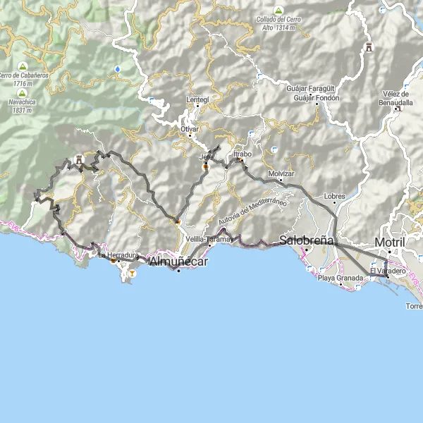 Miniatua del mapa de inspiración ciclista "Aventura costera alrededor de Motril" en Andalucía, Spain. Generado por Tarmacs.app planificador de rutas ciclistas